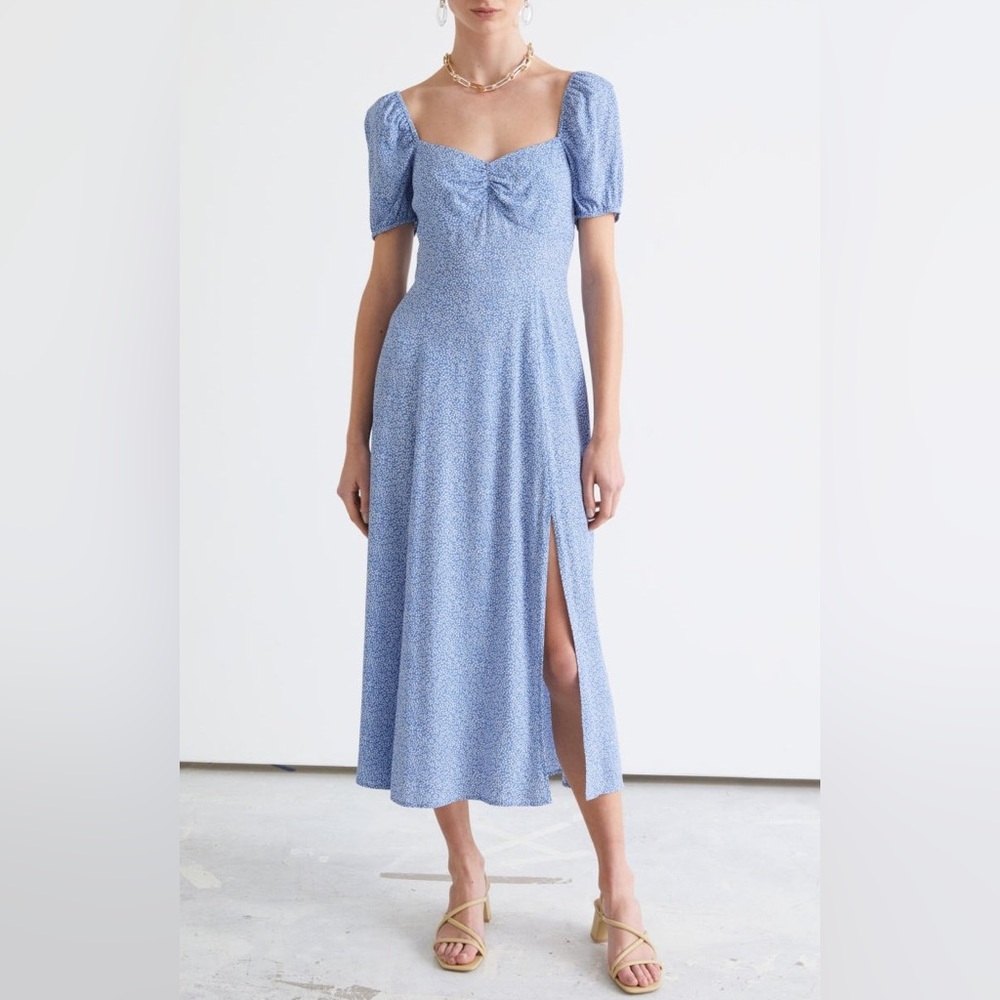 & Other Stories Blue Floral Puff Sleeve Midi Dress Womens Size 4 / EU 36